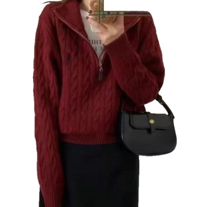 跨境秋冬半拉链麻花刺绣针织外套女2025款韩系慵懒风小马休闲毛衣|undefined