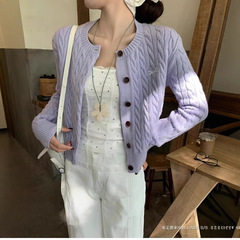 丁香紫麻花ニットカーディガンコート女性春秋外着セーター2025新型韓系修身長袖上着