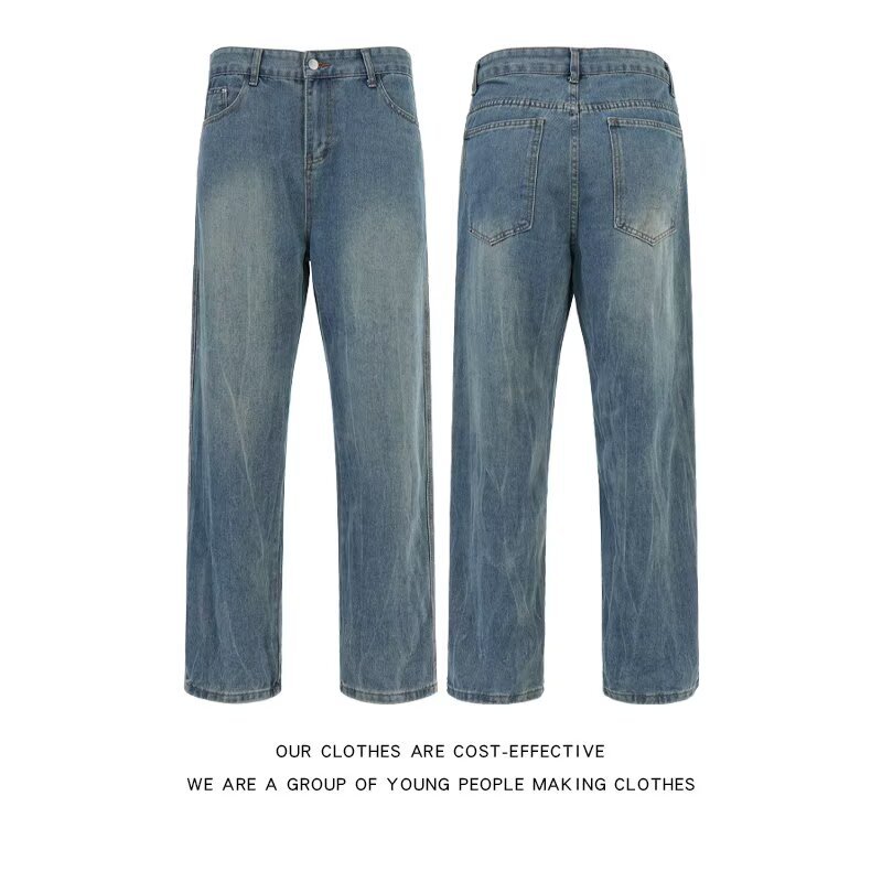 Unisex Vintage Workwear Jeans – Distressed Denim With Utility Pockets (S-XXXL, Classic Blue Wash)_mkmklike.com