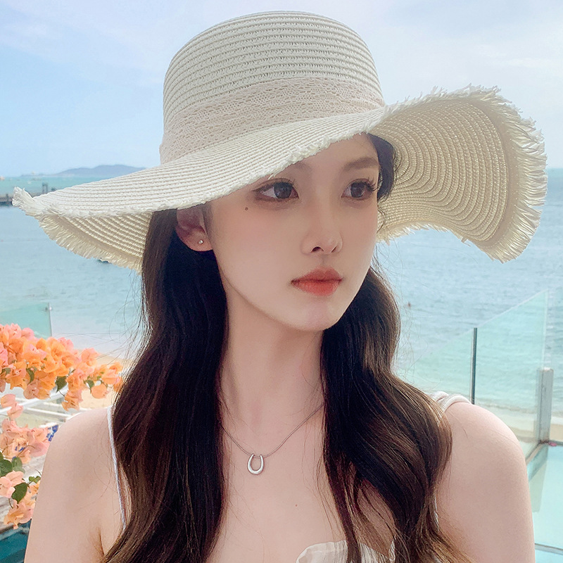 Korean Version of Small Fresh Sweet Fashionable Sunshade Hat for Women in Summer Large Brimmed Ribbon Outdoor Hat Large Brim Sun Hat Straw Hat_voghion.com