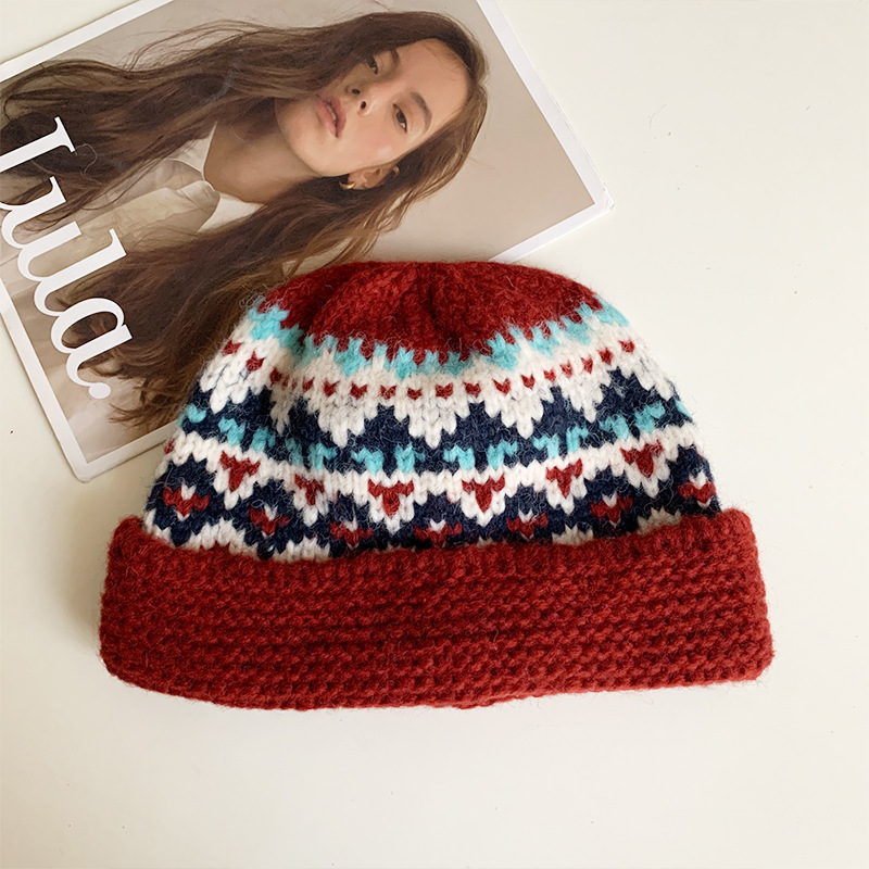 フェア島風毛糸帽子女子秋冬レトロ百合大頭囲保温ニット帽子顔小耳保護帽子