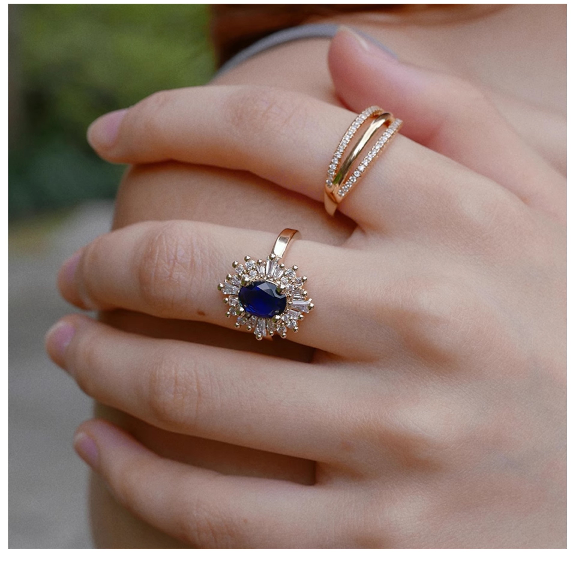Exquisite Oval Zircon Ring With Sapphire Flower Design Elegant_voghion.com