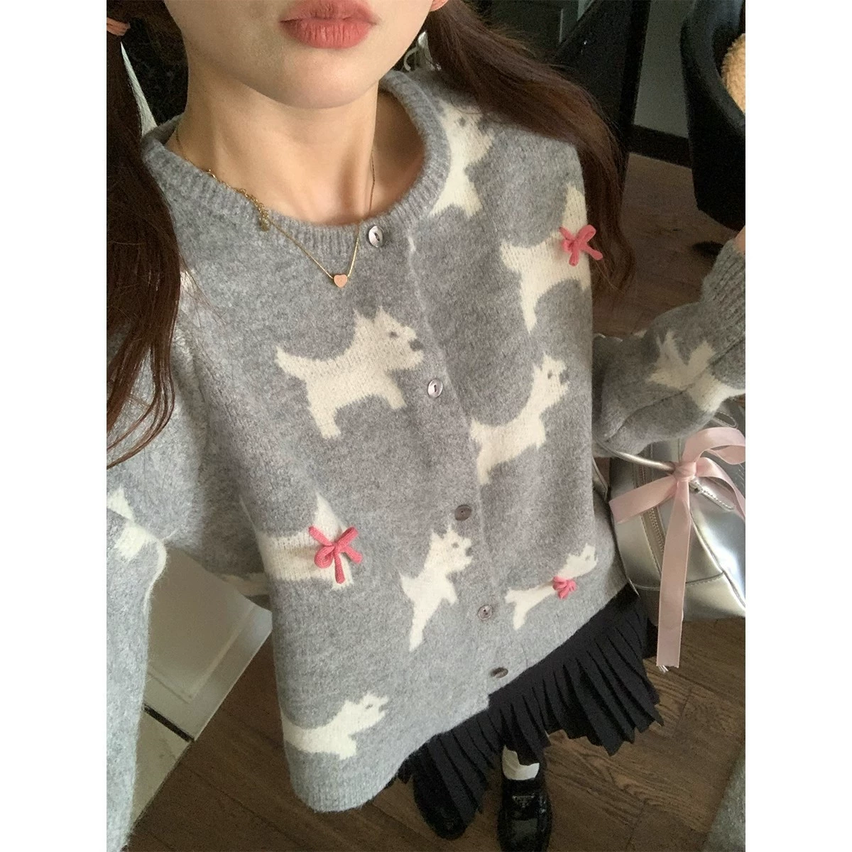 Женский трикотаж с круглым вырезом и бантом для щенков, весенний, осенний и зимний однобортный милый трикотажный кардиган для женщин