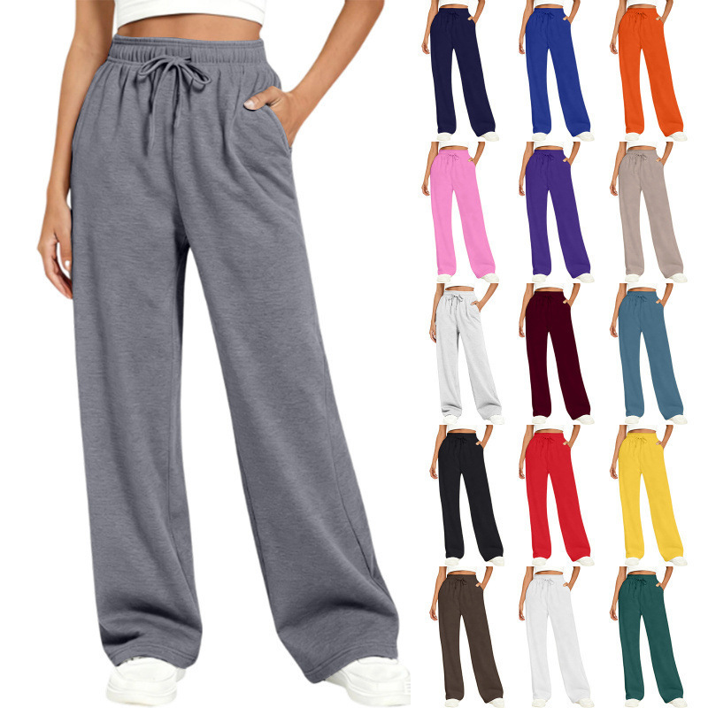 Amazon Cross-Border Trade Unisex Wide-Leg Sports Pants High-Waisted Loose Drawstring Joggers Solid Color Sweatpants Factory In-Stock
