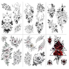 Hand-painted plain flowers and two-headed snake Ukiyo-e color feathers caesarean section vertical incision wound covering waterproof tattoo sticker