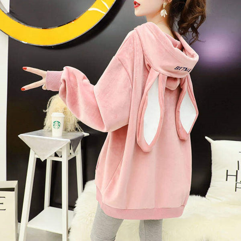 Gold Velvet Rabbit Ears Year of the Rabbit Mid-Length Velvet Thickeneded Sweatshirt for Women 2025 New Autumn and Winter Outwear Design