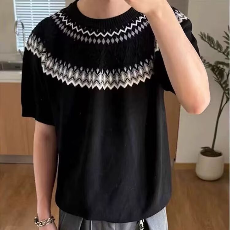 Isla de Fair camiseta de punto de manga corta camiseta de cuello redondo jacquard hombre viejo estilo casual hielo de verano fábrica transfronteriza mayorista