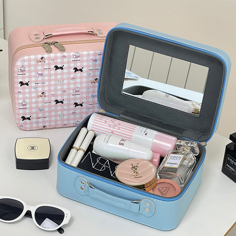 Nueva caja de cosméticos bolsa de almacenamiento de cosméticos de gran capacidad PU portátil con espejo de dibujos animados linda caja de almacenamiento de cachorros a cuadros