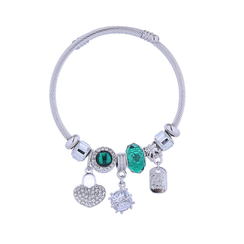 Pandora Style Heart Lock Bracelet Alloy Diamond Encrusted Bangle_voghion.com