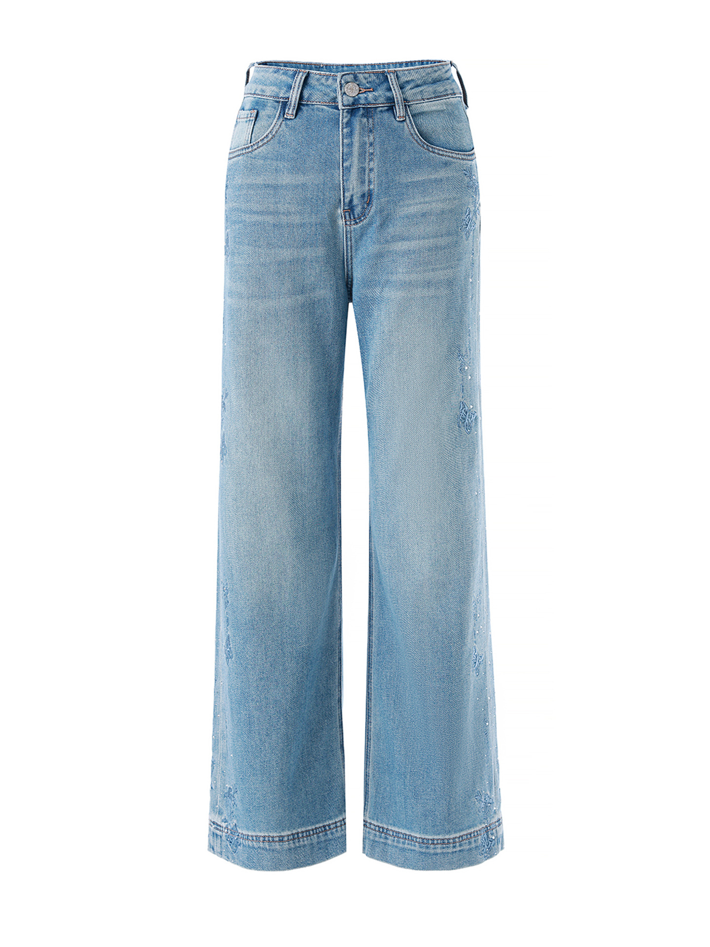 Quần jean nữ ống rộng chất liệu cotton phối lụa, thêu bướm đính kim cương — xanh lam