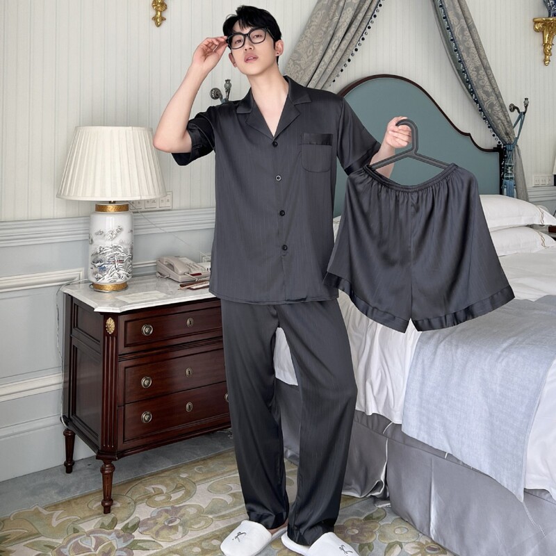 Spring and Summer New Silver Silk Men's Pajamas Short-sleeved Thin Cardigan Lapel High-end Simple Casual plus size Home Clothes