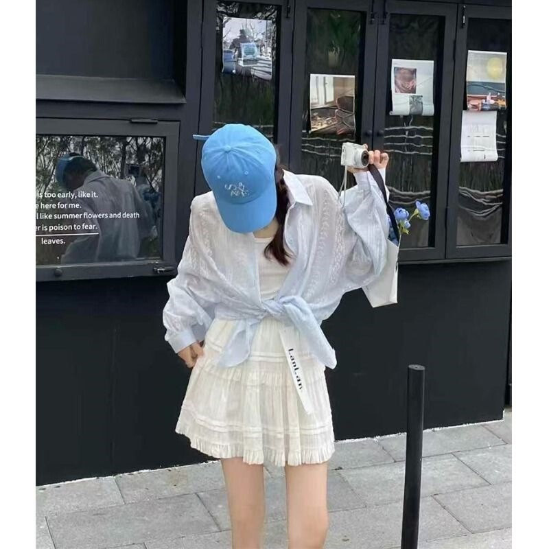 Light Blue Embroidered Sun-Protective Shirt for Women, Summer Thin Style with a Loose and Relaxed Design, Shirt Jacket Light Blue Embroidered Sun-Protective Shirt for Women, Summer Thin Style with a Loose and Relaxed Design, Shirt Jacket