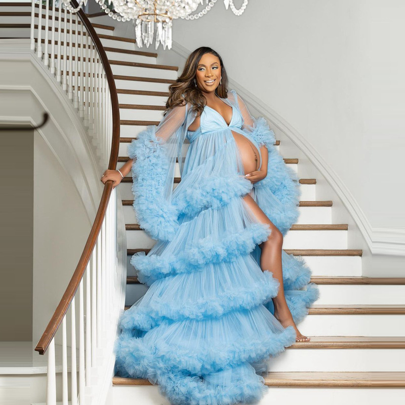 Sky Blue Sheer Maternity Gown with Long Sleeves, High Slit, V-Neck, Photo Shoot Cake-Style Tulle Dress, Elegant Wedding Dress