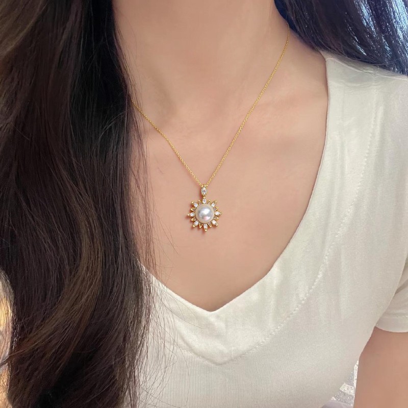 精工款诸暨天然淡水珍珠吊坠豪镶满钻高级感太阳花珍珠项链女批发|undefined