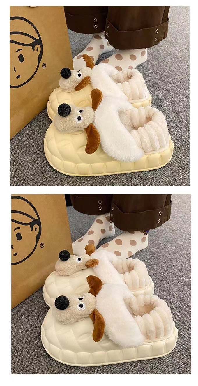 Pantofole da donna impermeabili con motivo a cane dei cartoni animati, antiscivolo, fondo spesso, calde e morbide, graziose scarpe di cotone per la casa e_voghion.com
