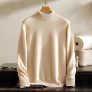 Cashmere 100 Pure Cashmere Sweater Men's Crewneck Thick Warm Half High Collar Base Shirt Casual Knitwear Autumn and Winter Sweater