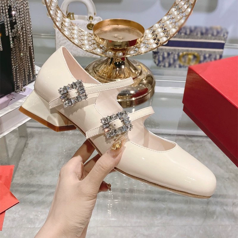 Изысканный квадратный носок из натуральной кожи с rhinestone пряжкой толстым каблуком Mary Zhen женские свадебные туфли темперамент