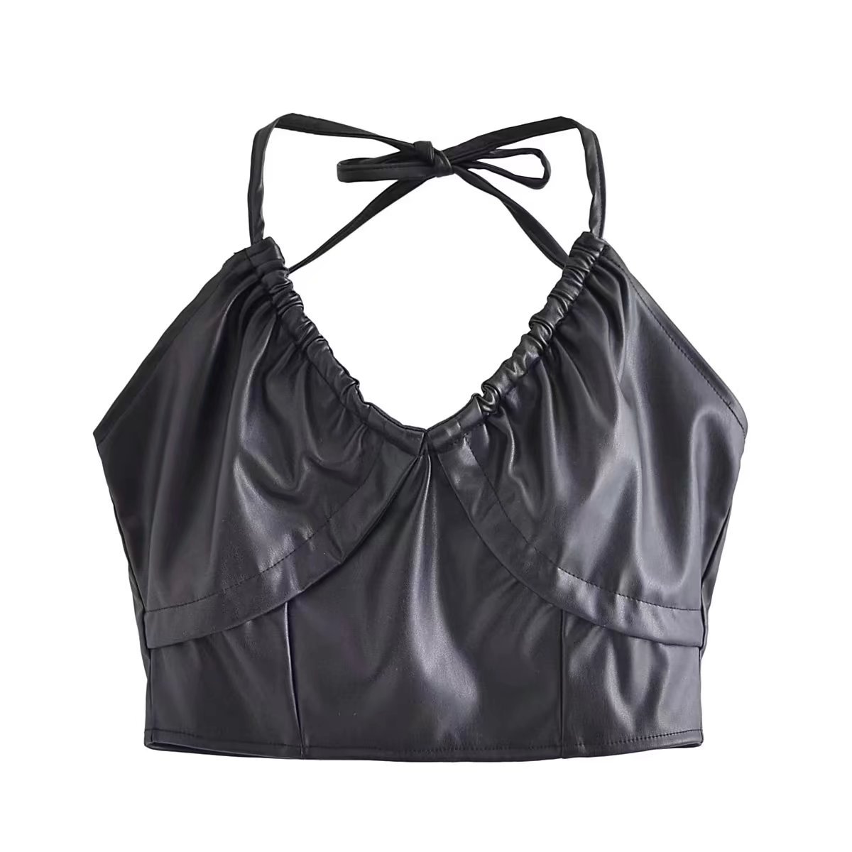 imitation leather zipper solid color backless slim hanging neck vest NSAM134885