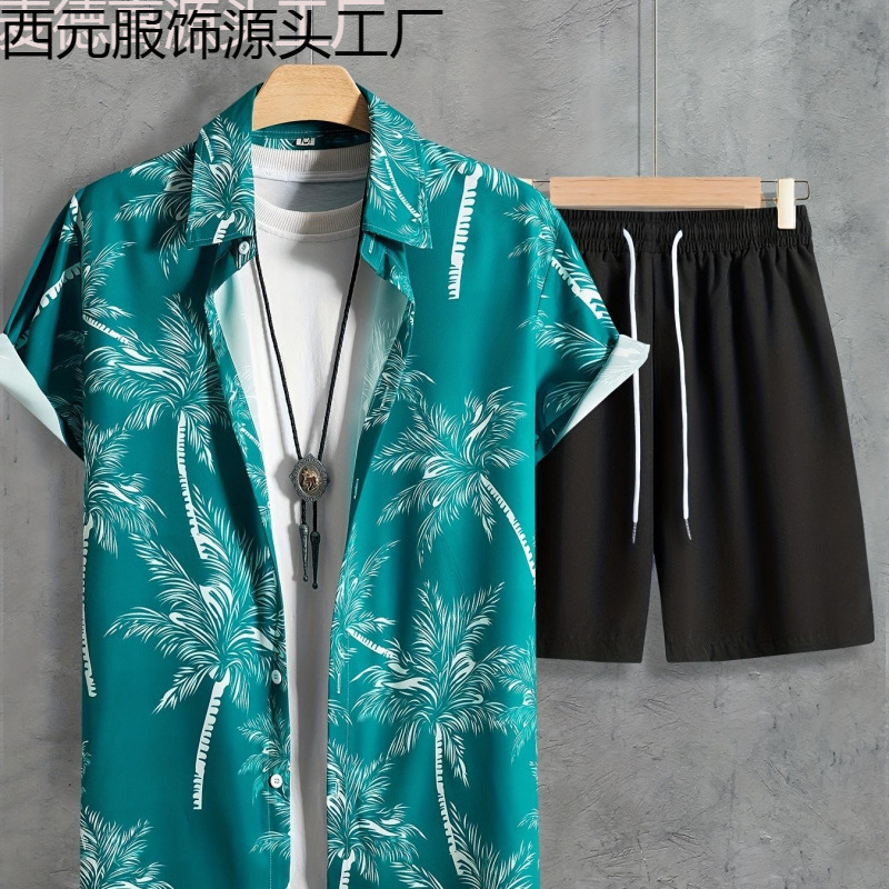 2025 Foreign Trade New Men's Shirt Suit Beach Style Summer Hawaiian Casual Floral Shirt