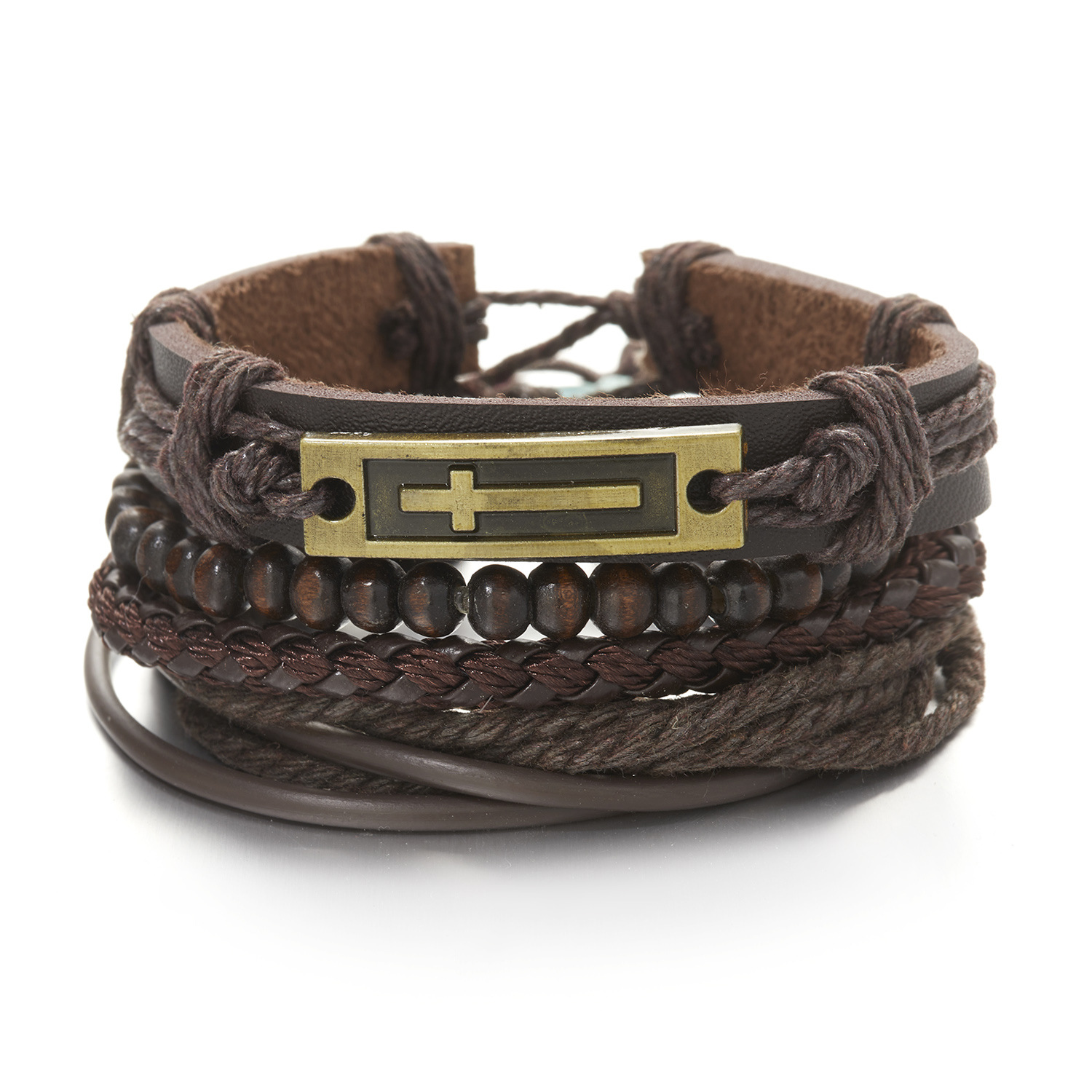 Fashion Cross Heart Shape Pu Leather Knitting Menu0027S Bracelets 1 Set