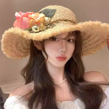 防晒帽子女秋冬遮阳帽拉菲草帽编织帽百搭度假海边大檐遮太阳帽