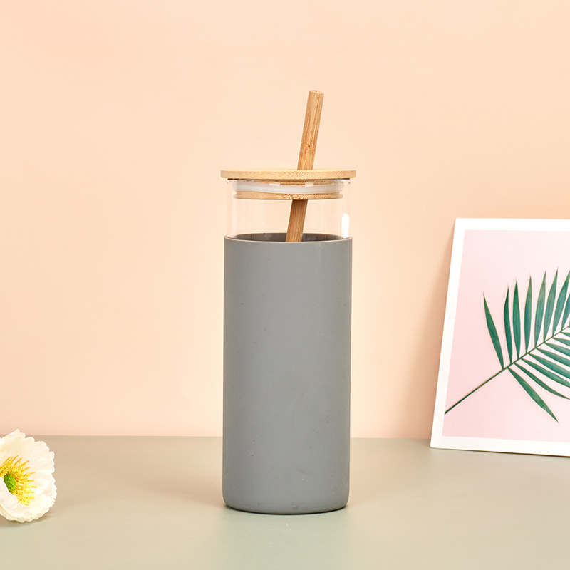 Vaso de vidrio con tapa de madera de bambú transfronterizo ins con pajita, copa de paja de vidrio de borosilicato de aislamiento térmico de una sola capa, patrón impreso