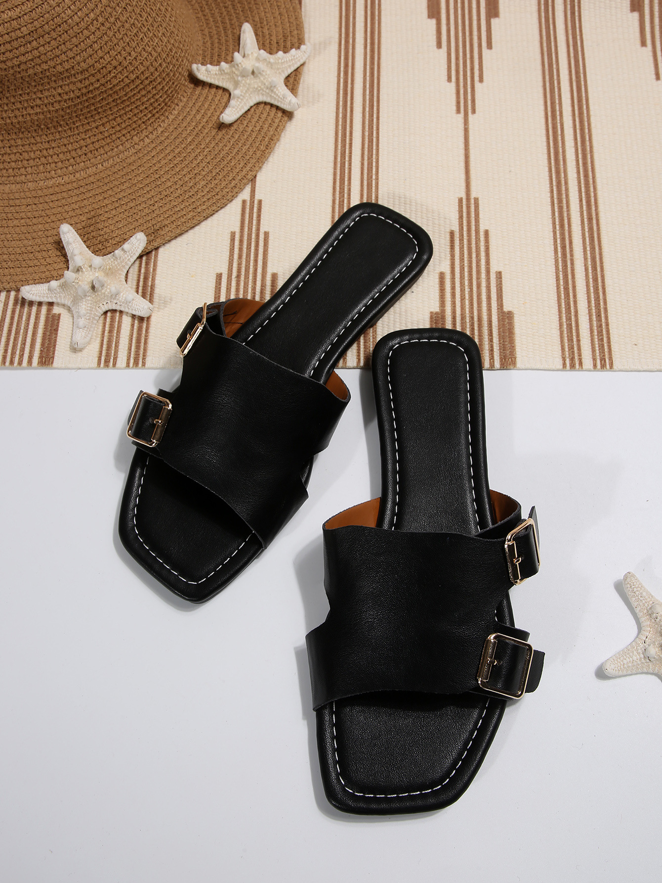 Women's Plus Size Flat Buckle Beach Sandals Square Toe Strappy_voghion.com