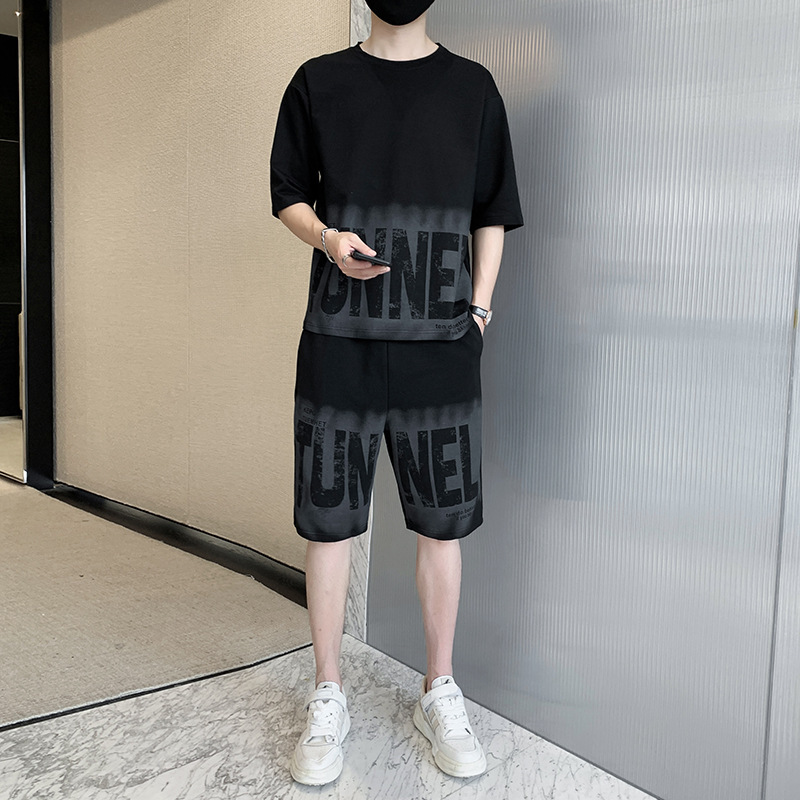 Camiseta de algodón de hombre de mangas cortas, ropa de dos piezas para hombres, combinación de estudiantes jóvenes guapos, tendencia de letras coreanas.