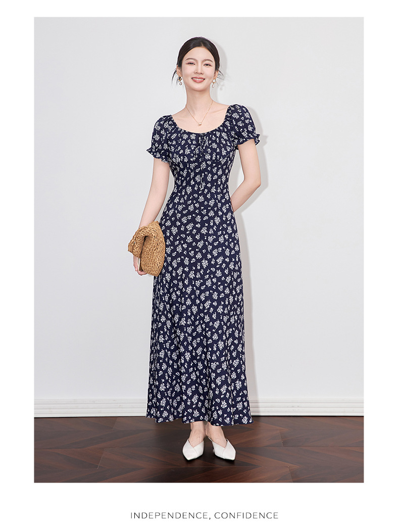 Váy liền maxi nữ phong cách Pháp cổ ren in hoa thắt eo — Màu xanh lam chi tiết 12