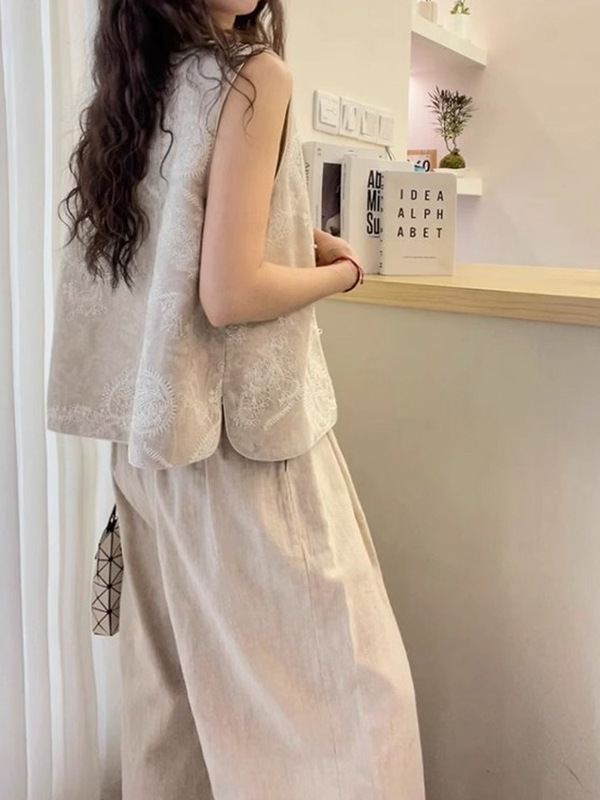 现货重工刺绣麻料有内衬马甲女欧洲站2025秋新款欧货女装无袖外套|undefined