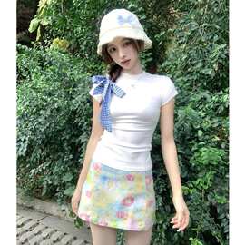ins韩系碎花油画半身裙女春季新款辣妹高腰包臀裙显瘦百搭A字短裙