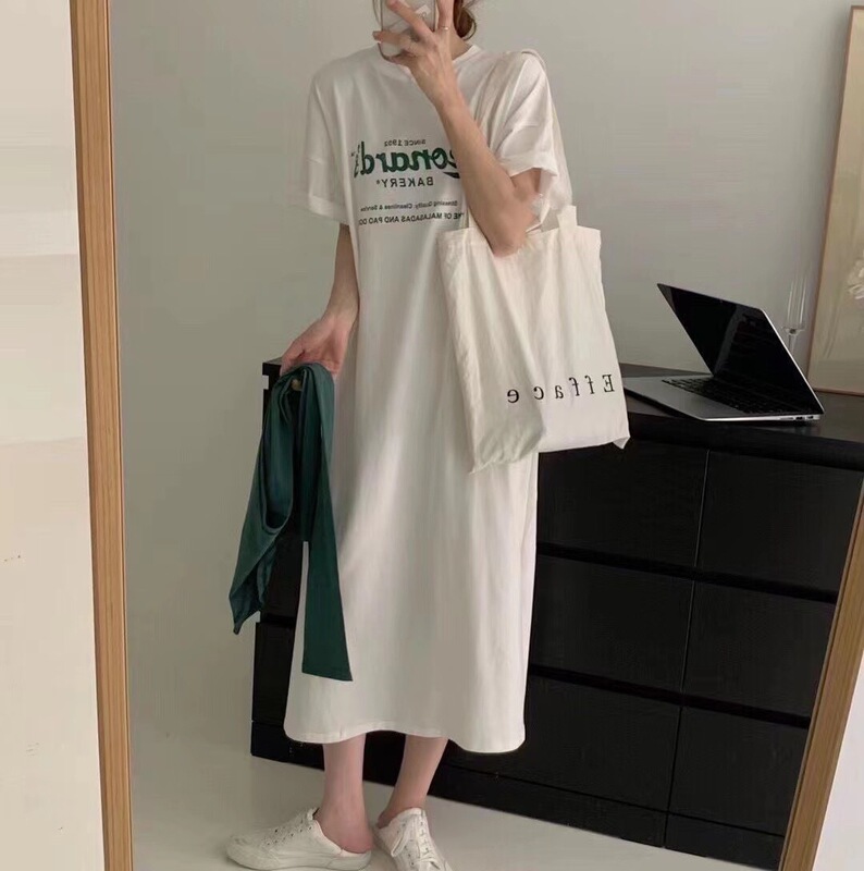 Long Letter Printed Cotton Short-Sleeved T-Shirt Dress for Women Summer Korean Style Loose Large Size Knee-Length Versatile Skirt