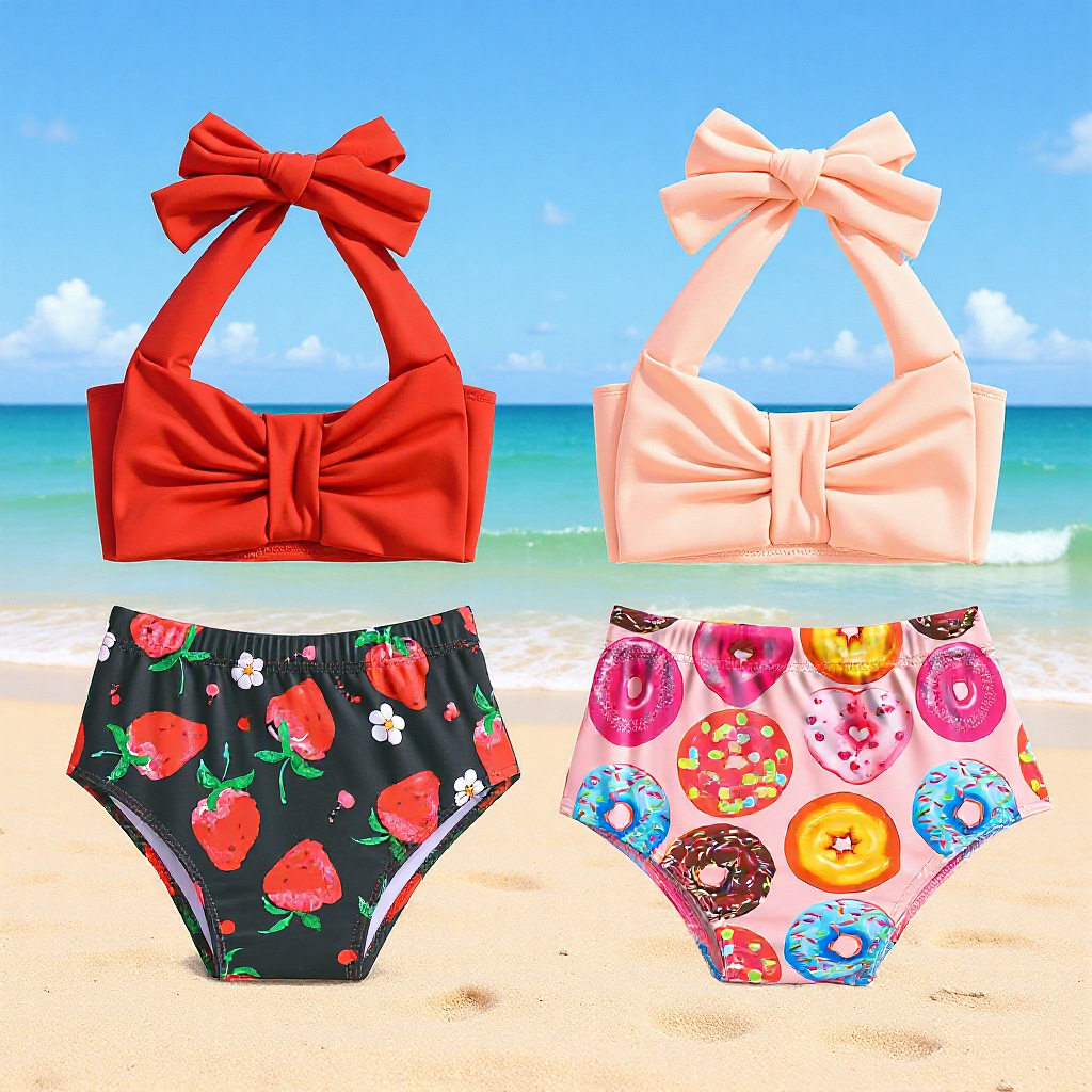 2026 Girls' Bowknot Strawberry Print Swimsuit Red Strap Swimsuit Two-Piece Swimsuit Toddler Swimsuit for Girls