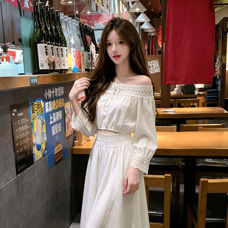 2025 Summer Elegant Off-Shoulder Long Dress Set with High-End Design, Hollow Lace Off-Shoulder Top and A-line Skirt 2025 Summer Elegant Off-Shoulder Long Dress Set with High-End Design, Hollow Lace Off-Shoulder Top and A-line Skirt