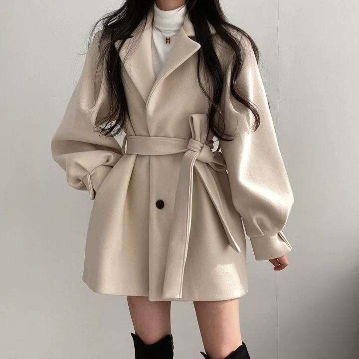 Short flashlight, fitted brace, belt, woolen coat, simple and elegant design, oversize