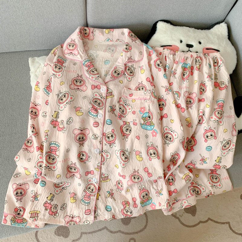 工厂直销云朵棉新款睡衣女长袖长裤开衫翻领卡通大码家居服套装|undefined