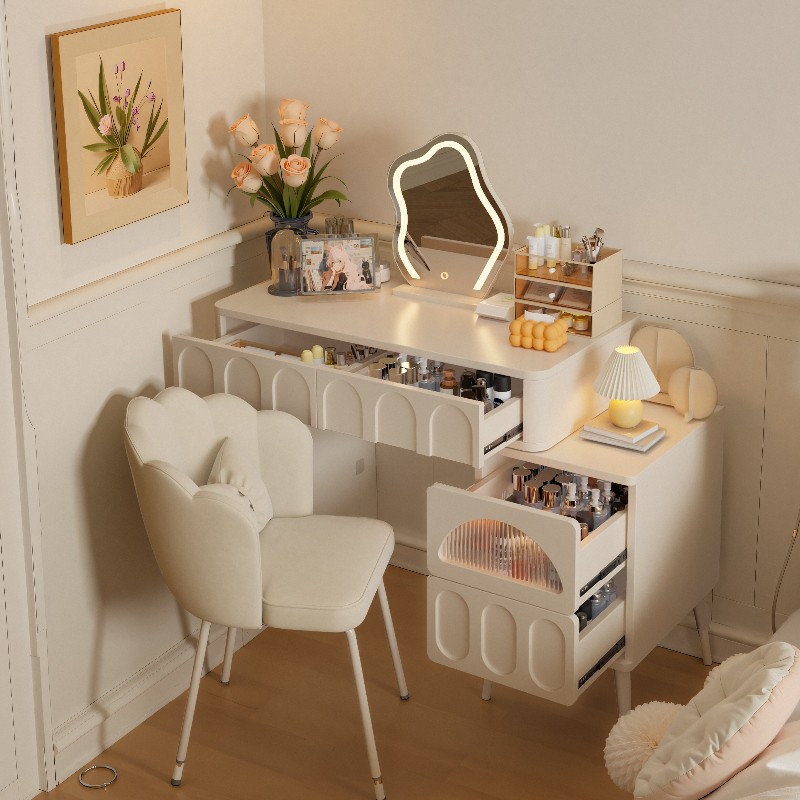 Comodador 2025 nuevo estilo de crema de viento dormitorio simple almacenamiento mesa de maquillaje armario integrado mesa de maquillaje pequeño tipo de hogar