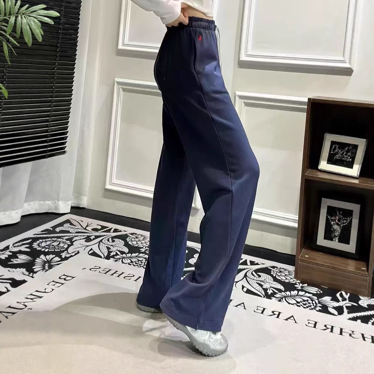 高版本RL拉夫阔腿裤经典小马刺绣高腰抽绳休闲百搭长裤男女同款