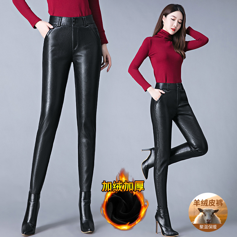 专柜绵羊皮皮裤女2025年新款加绒保暖女士百搭显高显瘦紧身小脚裤