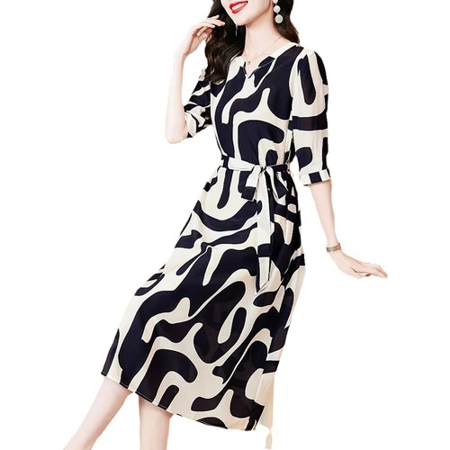 Cross-border ready-to-ship French-style thin women's dress, stylish  autumn new lady temperament slimming printed dress