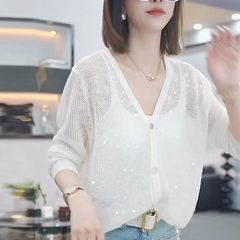 女性用のスタイリッシュなニットカーディガンセーター、夏用の薄手の長袖日焼け止めシャツ、女性用のハイエンドのスパンコール付きVネックトップ
