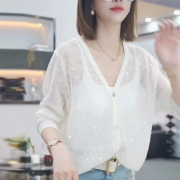 Western-Style Knitted Cardigan Sweater for Women Summer Thin Long-Sleeved Sun Protection Shirt Design High-End Sequined V Neck Top for Women