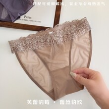 豹纹蕾丝女士三角内裤蝴蝶结装饰拼接花边腰头轻薄网纱性感中腰短