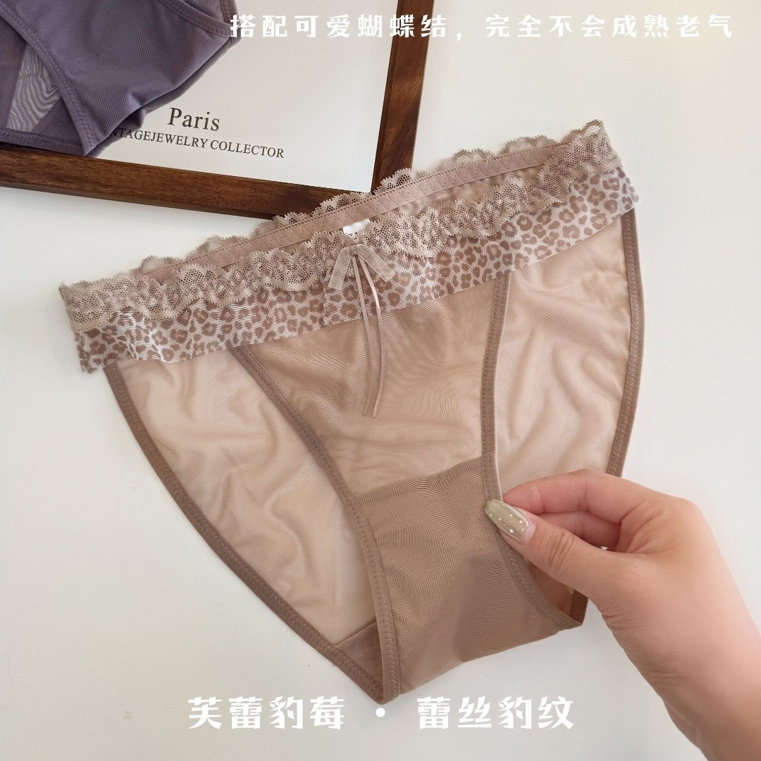 豹纹蕾丝女士三角内裤蝴蝶结装饰拼接花边腰头轻薄网纱性感中腰短