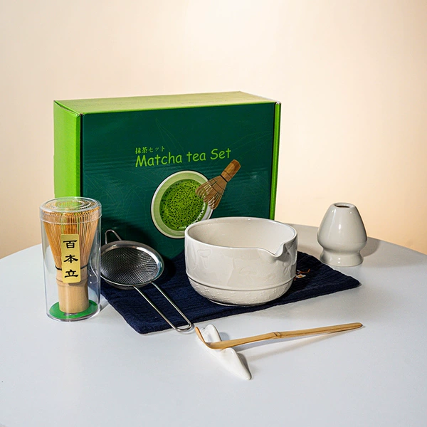 FJT Mushroom Straight Bowl White 7-Piece Set (Dark Green Color Box + Blue Tea Towel)