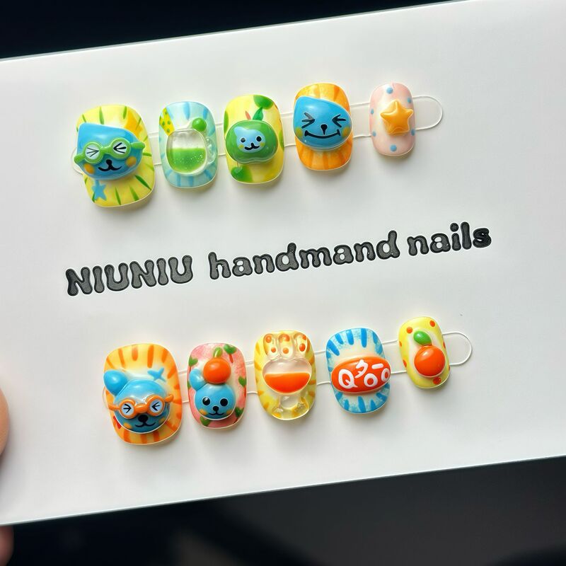 Cooler Pinch Stereo Handmade Wearable Nails Colorful Green Apple Cartoon Hand-Painted Manicure Patches Cute and White