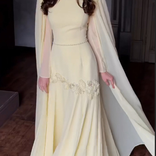 2026 Spring European and American Amazon Cross-Border Long Evening Gown with Beaded Waist, Embroidered Cape Sleeves, and Long Dress