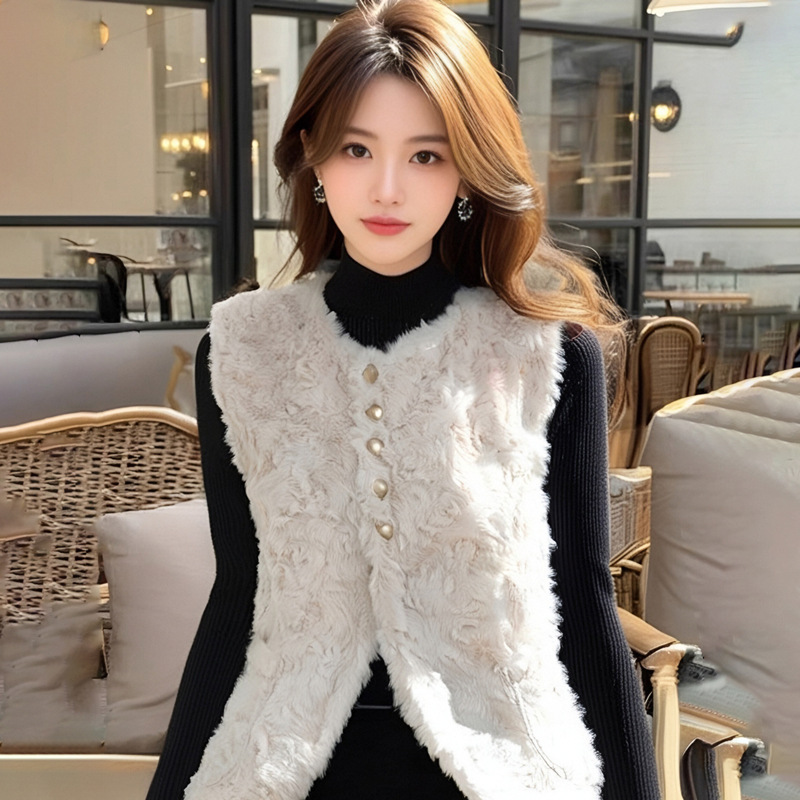 AI Figure in stock Fashion Single-breasted Thickened Warm Lamb Wool Vest Elegant All-match Age-reducing Jacket Vest