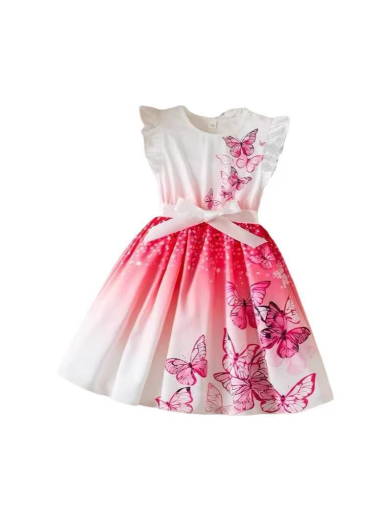 2025 vestido transfronterizo para niñas, posicionamiento de mariposas, vestido de princesa con estampado digital, vestido de manga voladora para niños europeos y americanos