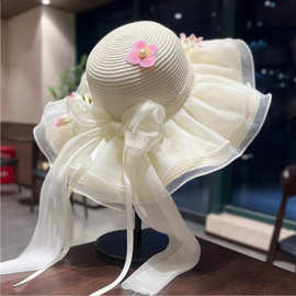 新款遮阳防晒夏季网纱草帽蕾丝花朵沙滩度假太阳帽遮阳帽海边帽子